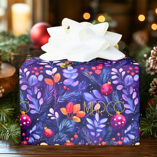 Papier Cadeau Emballage de Noël botanique pourpre personnalisé