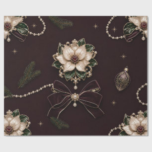 Papier Cadeau Emballage de Noël poinsettia luxueux orné de bijou