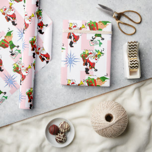 Papier Cadeau Emballage de Noël rose et blanc à rayures Santa