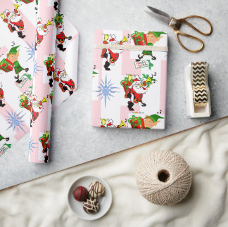 Papier Cadeau Emballage de Noël rose et blanc à rayures Santa