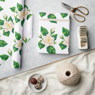 Papier Cadeau Emballage élégant de fleurs blanches et de feuille