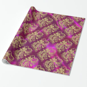 Papier Cadeau Embossé Dragon Or Magenta Satin Impression