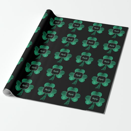 Papier Cadeau Emerald Green Sparkle Shamrock noir Monogramme (Déroulé)