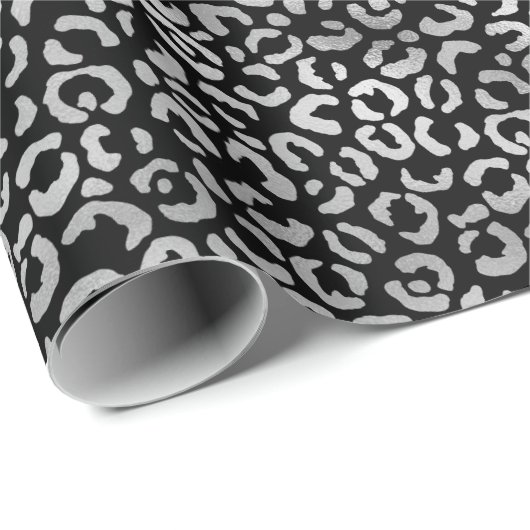 Papier Cadeau Empreinte de léopard noir glam argent (Coin rond)