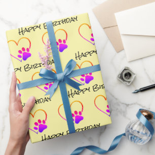 Papier Cadeau Empreinte de patte arc-en-ciel avec coeur