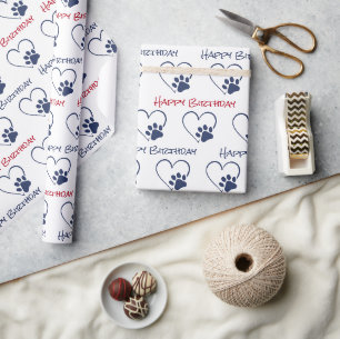 Papier Cadeau Empreinte de patte d'anniversaire avec coeurs