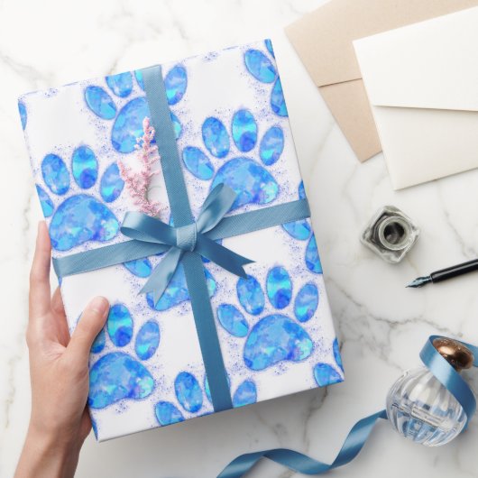 Papier Cadeau Empreinte de patte d'aquarelle bleu (Cadeaux)