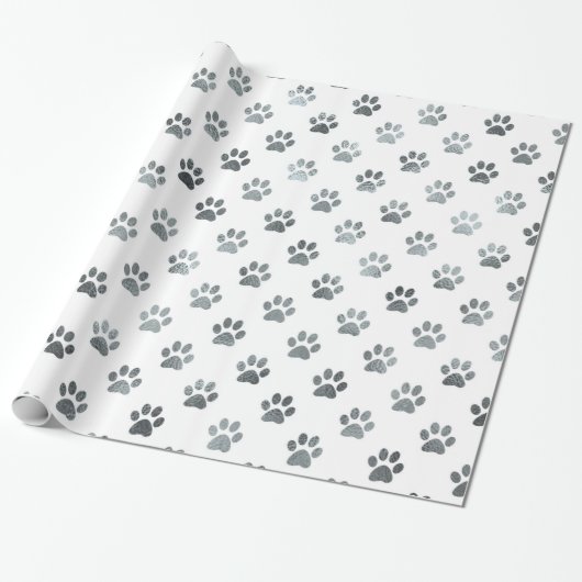 Papier Cadeau Empreinte de patte de chien Argent Gris Blanc Méta (Déroulé)
