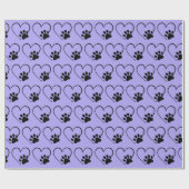 Papier Cadeau Empreinte de patte de chien et coeur sur violet (Plat)