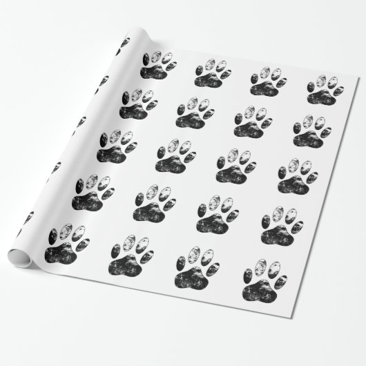 Papier Cadeau Empreinte de patte de chien gris noir et blanc (Déroulé)