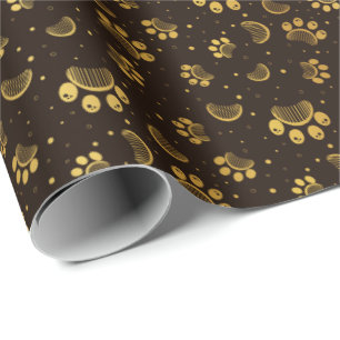 Papier Cadeau Empreinte de patte et peigne en couleur or