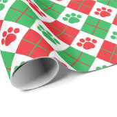 Papier Cadeau Empreinte de patte Jacquard rouge et vert (Coin rond)