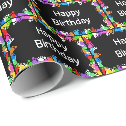 Papier Cadeau Empreintes d'anniversaire sur noir (Coin rond)