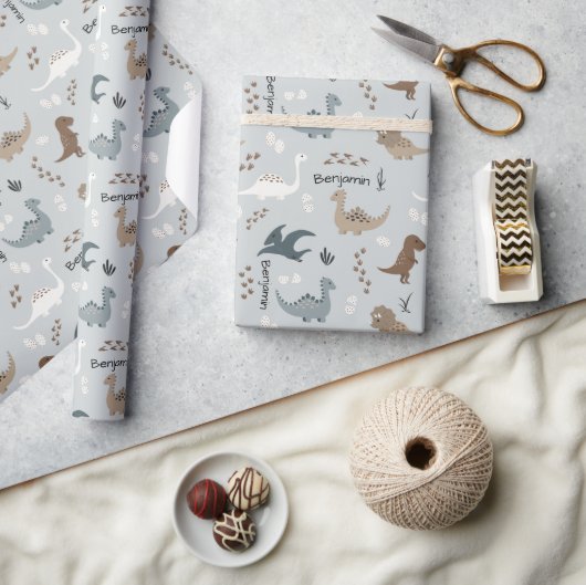 Papier Cadeau Empreintes de dinosaures mignons & Lumière Nom per (Artisanat)
