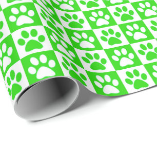 Papier Cadeau Empreintes de patte de chien vert et blanc