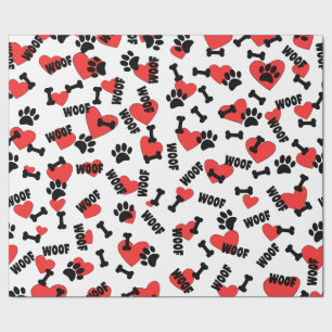 Papier Cadeau Empreintes de pattes Chien Os Coeur Et Bois Motif