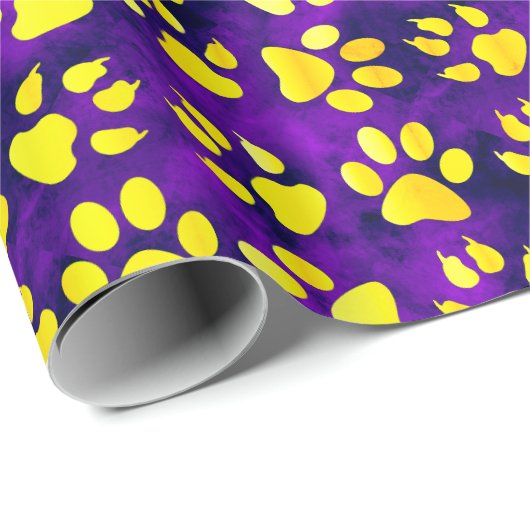 Papier Cadeau Empreintes de pattes jaunes sur violet - Papier à (Coin rond)