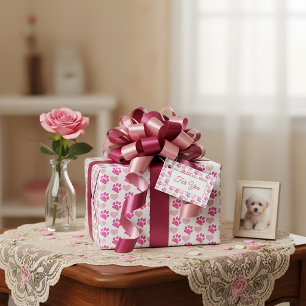 Papier Cadeau Empreintes de pattes roses et coeurs