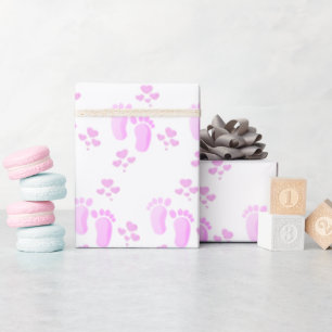 Papier Cadeau Empreintes et Coeurs de bébé roses sur blanc