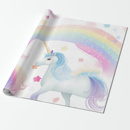 Papier Cadeau Enchanter Unicorn Rainbow Magic Wand Pastel (Déroulé)
