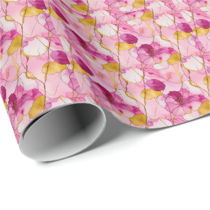 Papier Cadeau Encre Alcoolique Rose et Jaune Abstrait Botanique