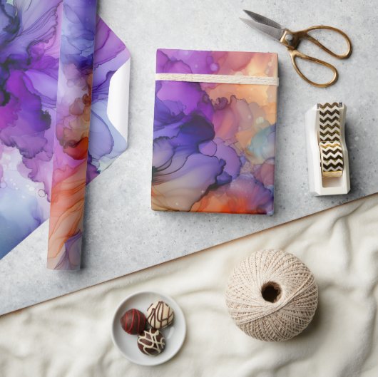 Papier Cadeau Encre d'alcool orange et violet Abstraite (Artisanat)