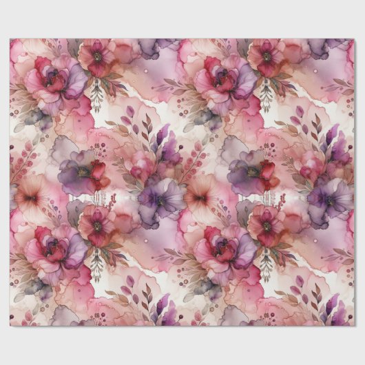 Papier Cadeau Encre d'alcool rose et violet à fleurs Imprimer (Plat)