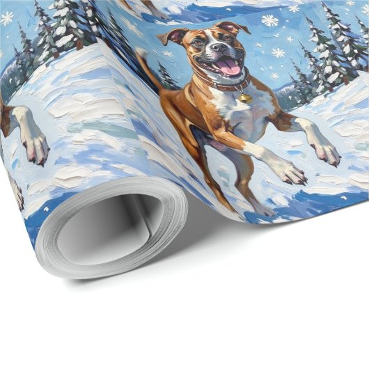 Papier Cadeau Energetic Boxer Dog Leaping in Winter Snow Fun (Coin rond)