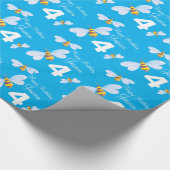 Papier Cadeau Enfants bleu nom abeille blanche 4e anniversaire e (Coin)