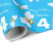 Papier Cadeau Enfants bleu nom abeille blanche 4e anniversaire e (Coin rond)
