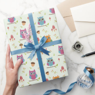 Papier Cadeau Enfants Chouettes Jolies Couleurs Acorns Champigno