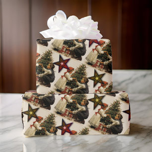 Papier Cadeau Enfants de Noël Vintage avec étoiles et arbre