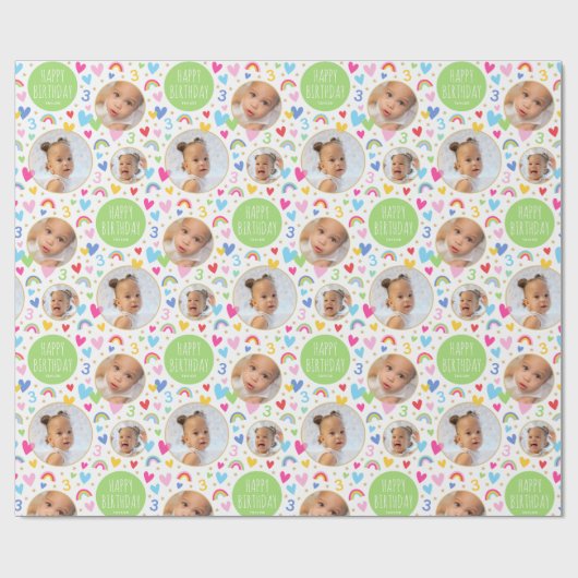 Papier Cadeau Enfants mignons 3e anniversaire Rainbow Photo Hear (Plat)