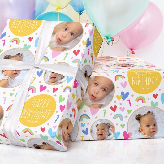 Papier Cadeau Enfants mignons Ist Anniversaire Rainbow Photo Hea