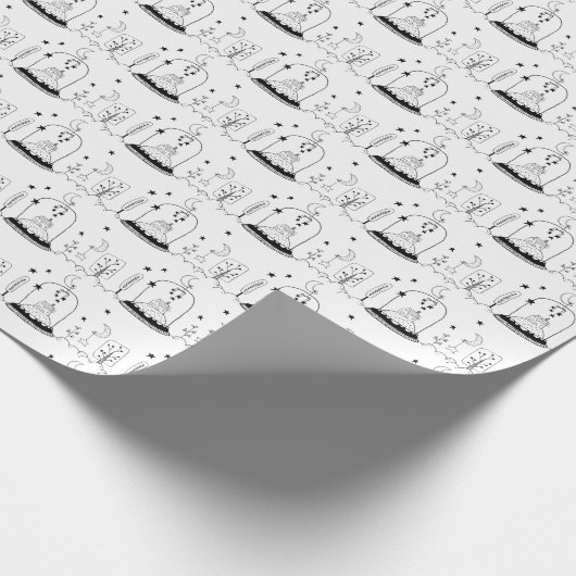 Papier Cadeau Enfants Noël Black & White Snowglobe Lune Étoiles (Coin)