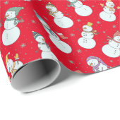 Papier Cadeau Enfants Noël mignon Snowman en Casquette Rouge (Coin rond)