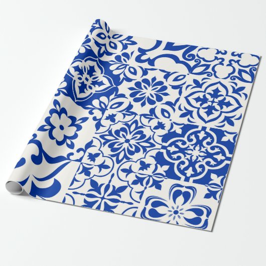 Papier Cadeau Ensemble de 16 azulejos en bleu, blanc. Original (Déroulé)