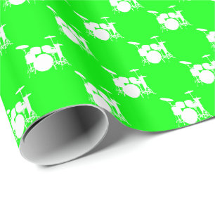Papier Cadeau Ensemble de batterie blanc sur fond vert citron