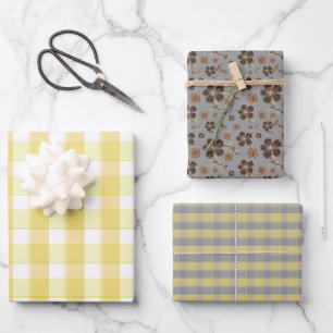 Papier cadeau ensemble fleur tartan jaune gris