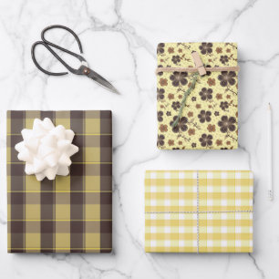 Papier cadeau ensemble fleur tartan jaune marron