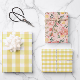 Papier cadeau ensemble rose tartan jaune citron