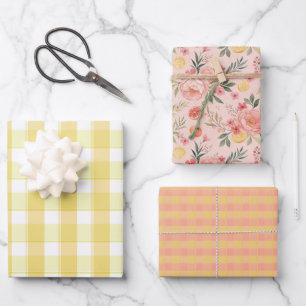 Papier cadeau ensemble rose tartan jaune pêche cit