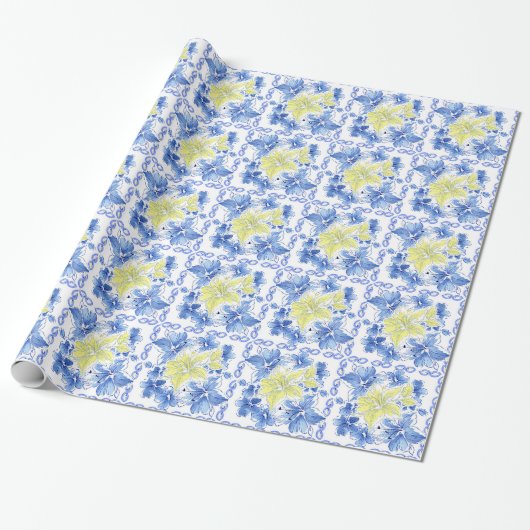 Papier Cadeau Enveloppe de cadeau florale bleue et jaune (Déroulé)