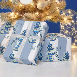 Papier Cadeau Enveloppement de Noël Snowman Bleu et Blanc