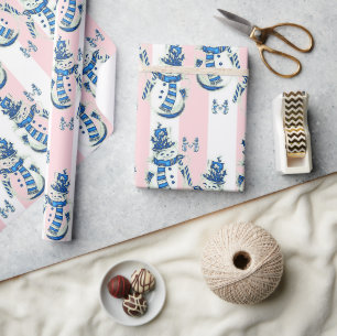 Papier Cadeau Enveloppement de Noël Snowman rose et blanc