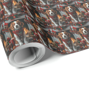 Papier Cadeau Épagneul breton avec cheminée de cadeaux de Noël 