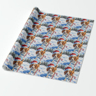Papier Cadeau Épagneul Breton pointant vers des bonbons de Noël