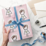 Papier Cadeau Épouse Stick Girl En Basket<br><div class="desc">Mignonne fille en basket,  voile de mariée blanc,  robe de dentelle,  cheveux,  collier de perle,  et tenant un bouquet de marguerite pour une douche de nuptiale sur rose roux. La couleur Arrière - plan peut être modifiée.</div>