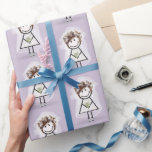 Papier Cadeau Épouse Stick Girl En Basket<br><div class="desc">Mignonne fille en basket,  voile de mariée blanc,  robe de dentelle,  cheveux,  collier de perle,  et tenant un bouquet de marguerite pour une douche nuptiale sur violet. La couleur Arrière - plan peut être modifiée.</div>