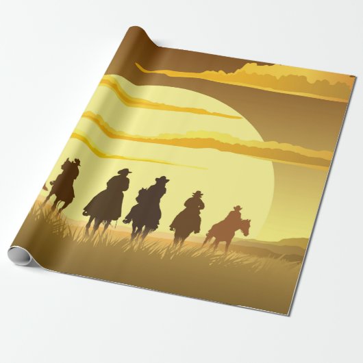 Papier Cadeau Équipe de cow-boys silhouette galopant contre un s (Déroulé)